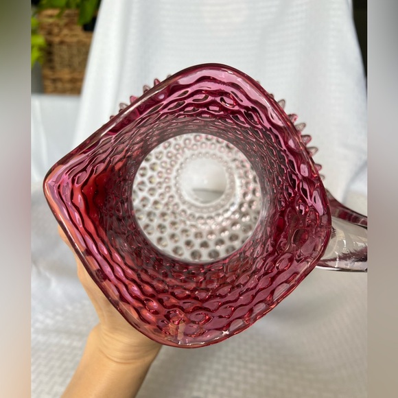 Vintage Cranberry Hobnail Large Pitcher & Dew Drop Glass Bowl | 1950s - Picture 6 of 16